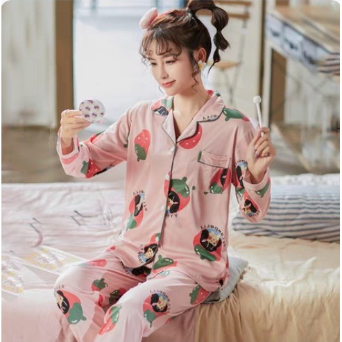 Piyama pp wanita | baju tidur lengan panjang wanita import spandek krah kancing-PpK STRAWBERRY GIRL