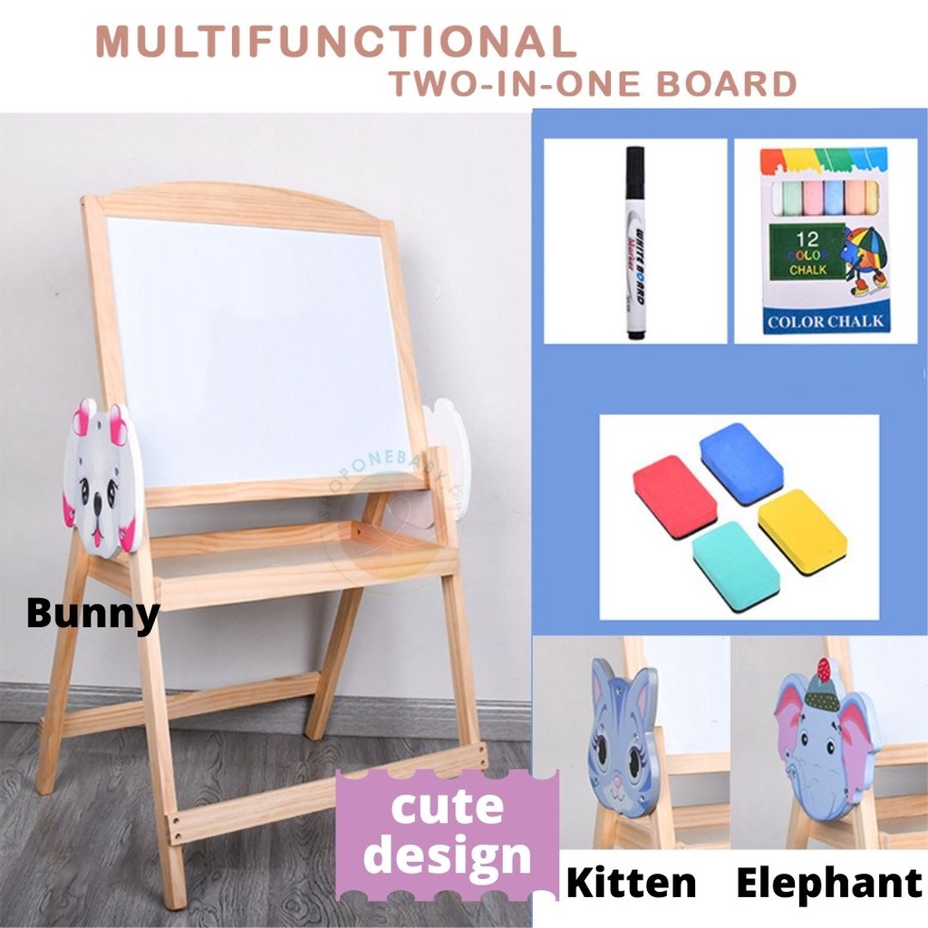 

INSTAN Double Sides 2 in 1 KIDS FUN WHITE BLACK BOARD Papan Tulis Magnet Mainan Anak Papan Tulis Berdiri 2 Dua Sisi Motif Kitten Cat Bunny Rabbit Elephant