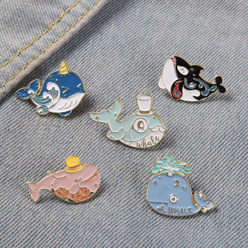 Whale Bros Pin Enamel Desain Kartun Ikan Paus / Bunga / Ombak Laut Untuk Anak Laki-Laki / Perempuan