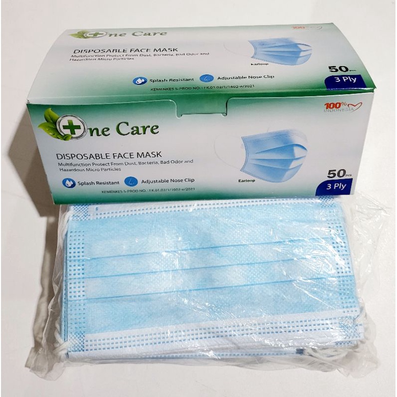 MASKER ONE CARE 3PLY EARLOOP BIRU POLOS TANPA EMBOSS ISI 50PCS PASTI ORIGINAL KEMENKES