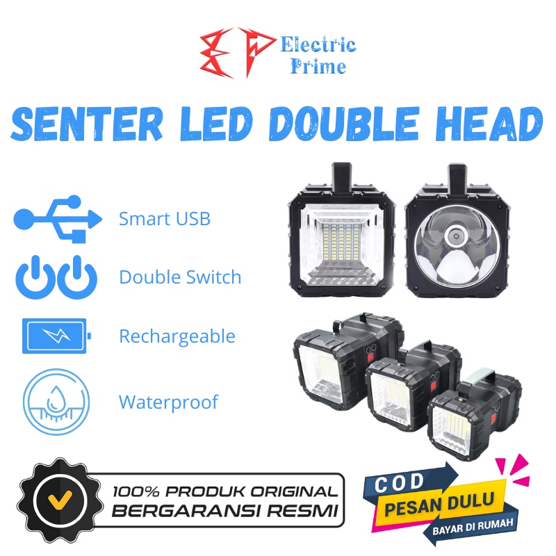 Senter LED Double Head Rechargeable Lampu Darurat Waterproof IP65 3 Mode Lighting Super Terang