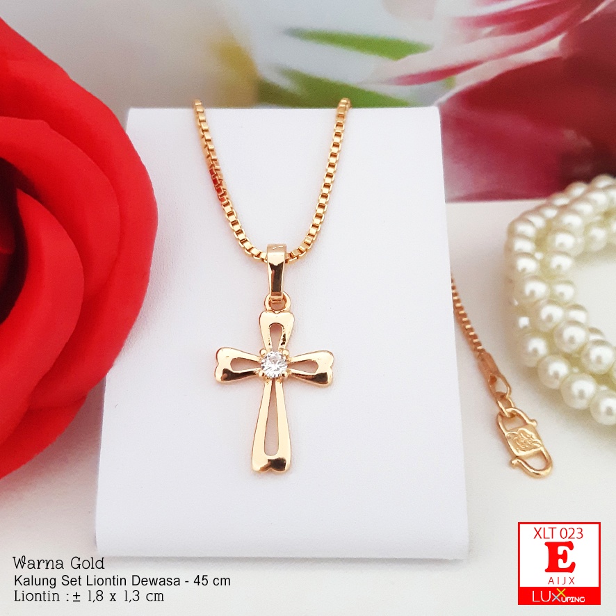 XLT 023 Kalung Set Liontin Salib Polos Tanpa Mata Kalung Salib Korpus Tubuh Yesus  Aksesoris Rohani Kristen Katolik Rosario Perhiasan Xuping Lapis Emas 18K Luxx Xuping