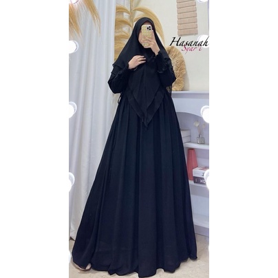 Gamis syari hasanah bahan ceruty baby doll premium full furing / busui / resleting-Hitam