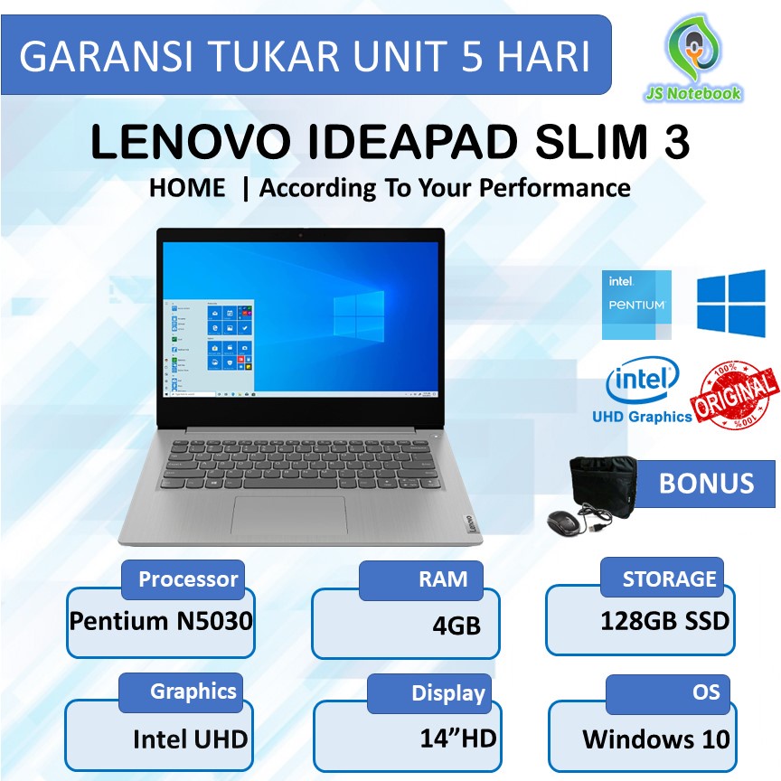 LENOVO IDEAPAD SLIM 3 14 PENTIUM SILVER N5030 4GB 128SSD W10+OFFICE 365 1YR 14.0HD