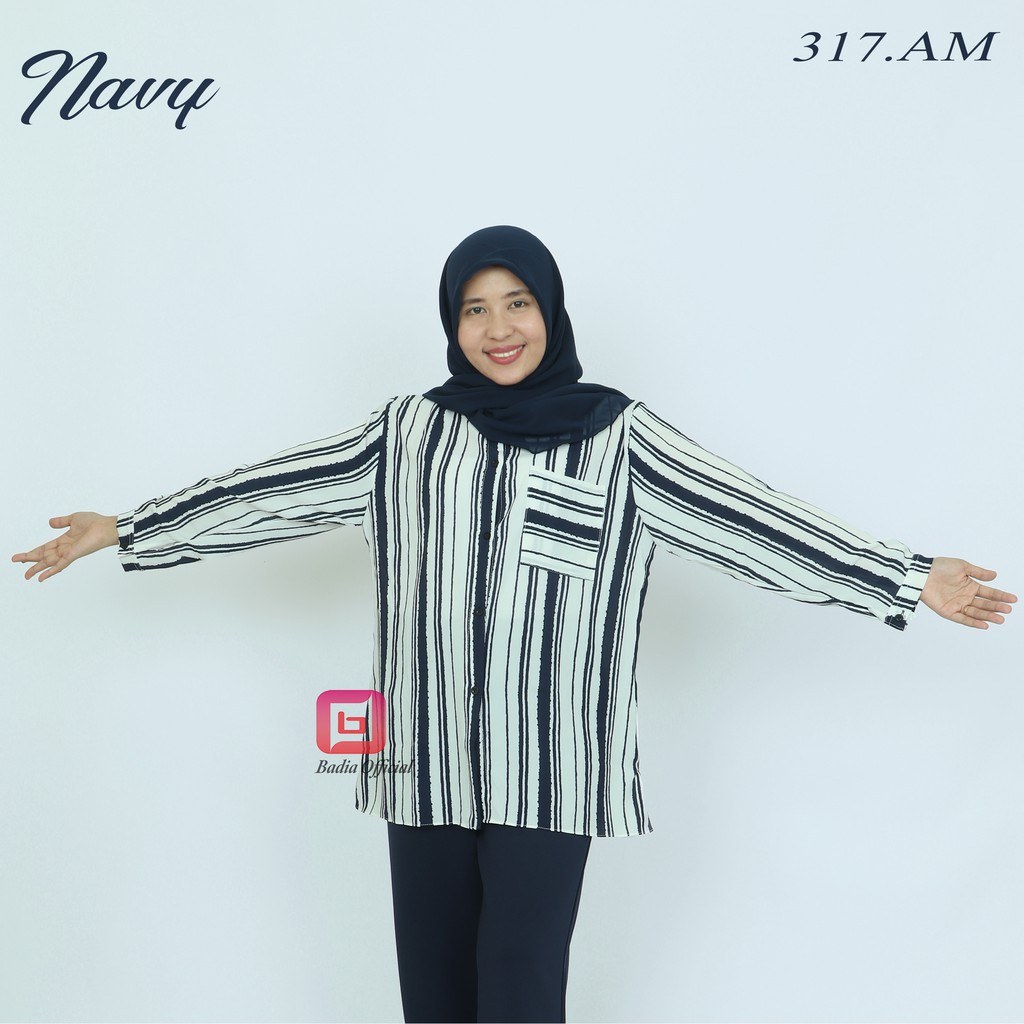 kemeja salur garis garis stripe buble crepe lembut lengan panjang wanita syari premium