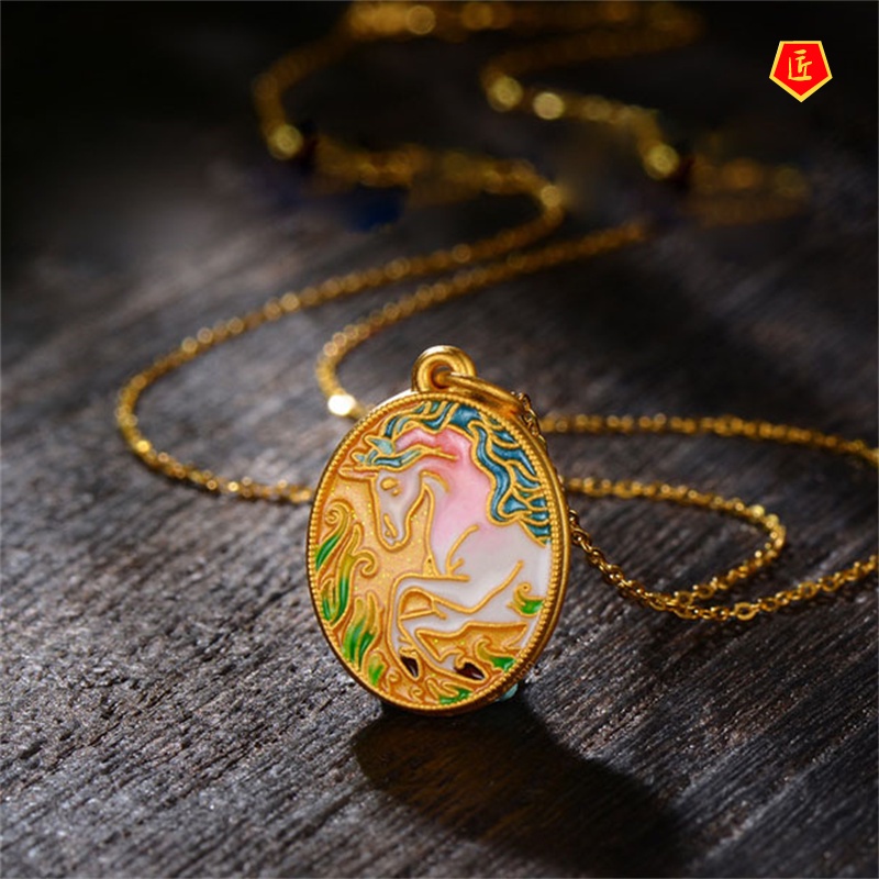 [Ready Stock]Ancient Style Burning Blue Unicorn Pendant 3D Gold Necklace New Fashion