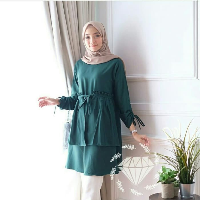 Tunik Cahaya Ijo Botol Baju Atasan Muslim Blouse Muslim Busana Muslim