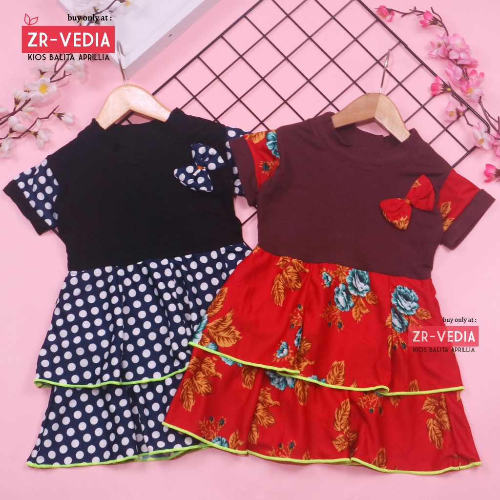 Dress Emma Lengan Size 1-2 Tahun / Dres Anak Perempuan Lengan Pita Baju Harian Pesta Fashion Kids