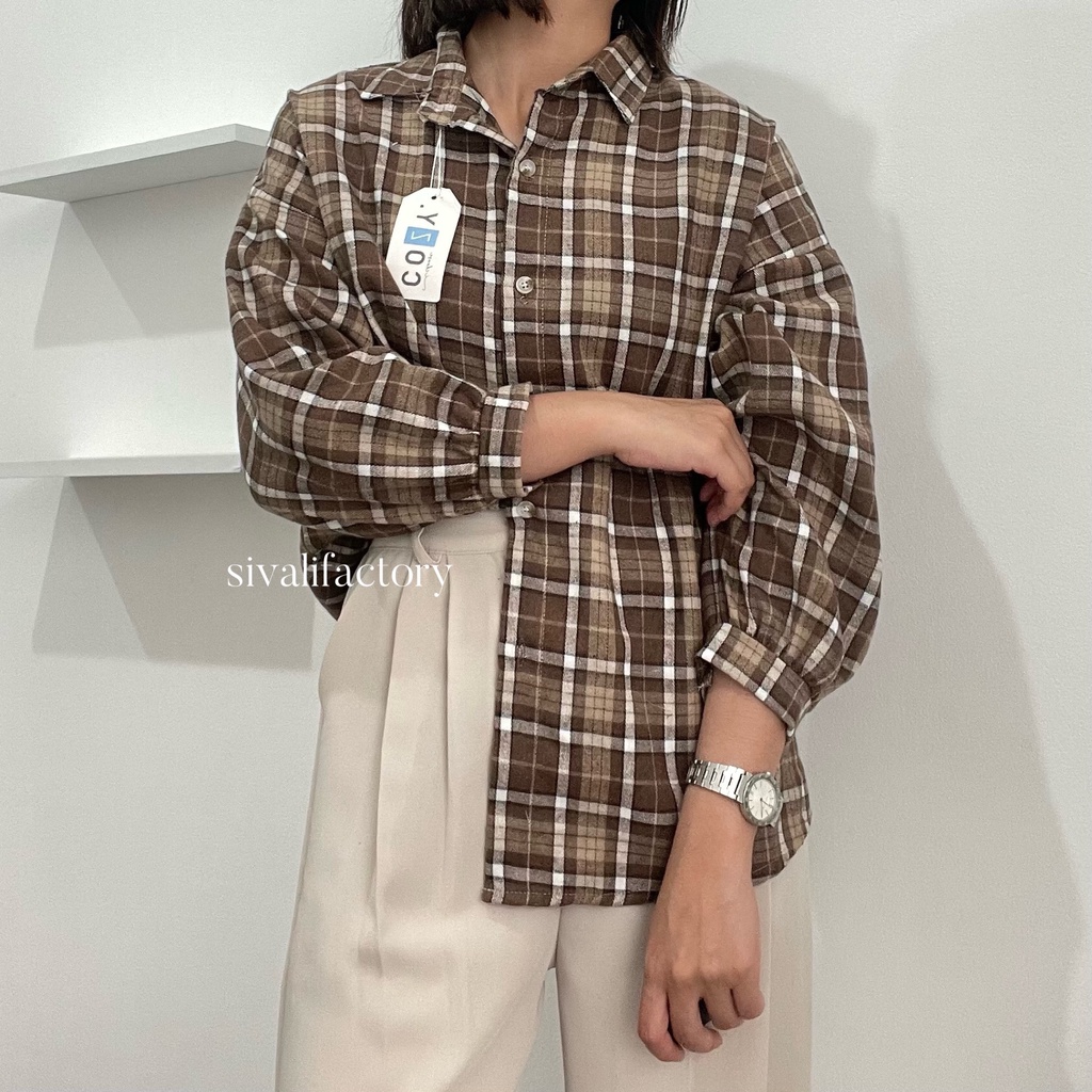 SIVALI Kemeja Flanel Blouse Kotak Tartan - Kotak Baju Korean Style Wanita Kemeja Wanita Casual