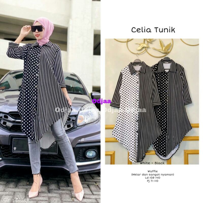 Tunik Wafle Kombinasi Salur Polkadot Celia Tunik