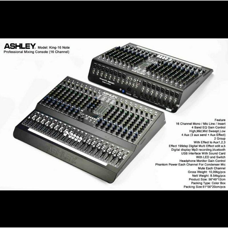 MIXER AUDIO ASHLEY KING16 NOTE/KING 16 NOTE 16CH USB-BLUETOOTH-RECORDING TO PC NEW