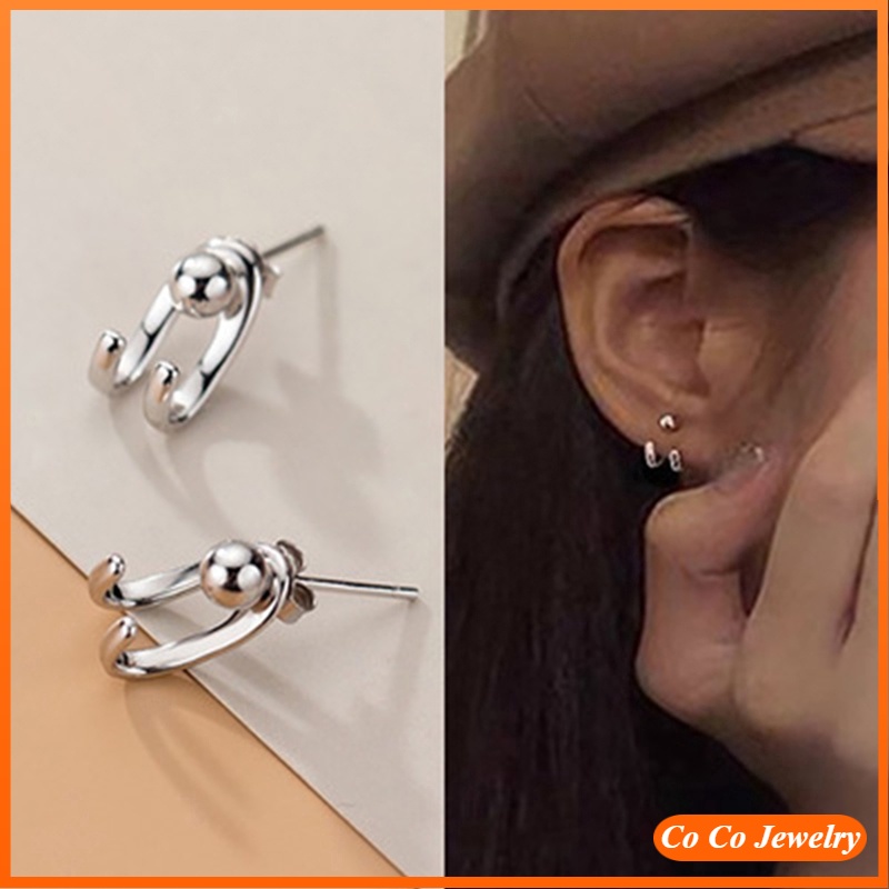 Anting Tusuk Gantung Bahan Sterling Silver 925 Desain Garis Ganda Gaya Koreasimple Untuk Wanita