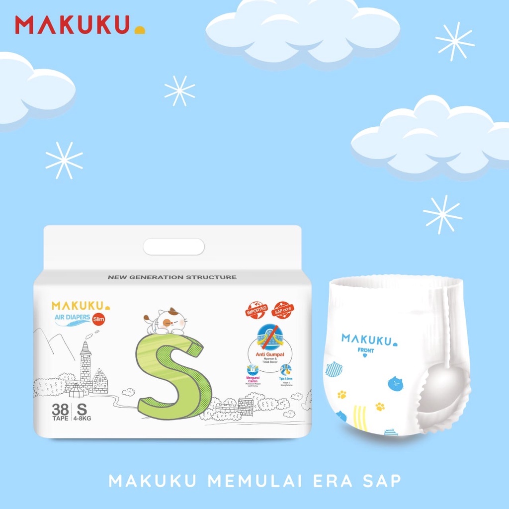 NEW! Popok Makuku Air Diapers SLIM Tape S38 (4-8kg)