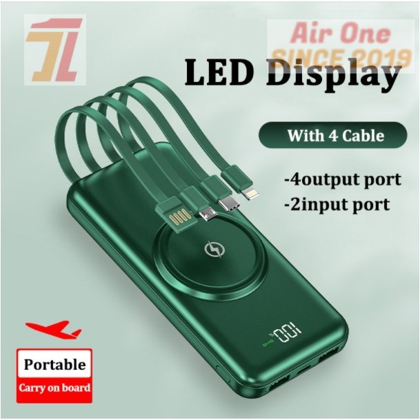 AirOne Power bank 20000mAh Wireless Charger For iPhone 11 X XR Huawei mate30 LED Display With 4 Cabl