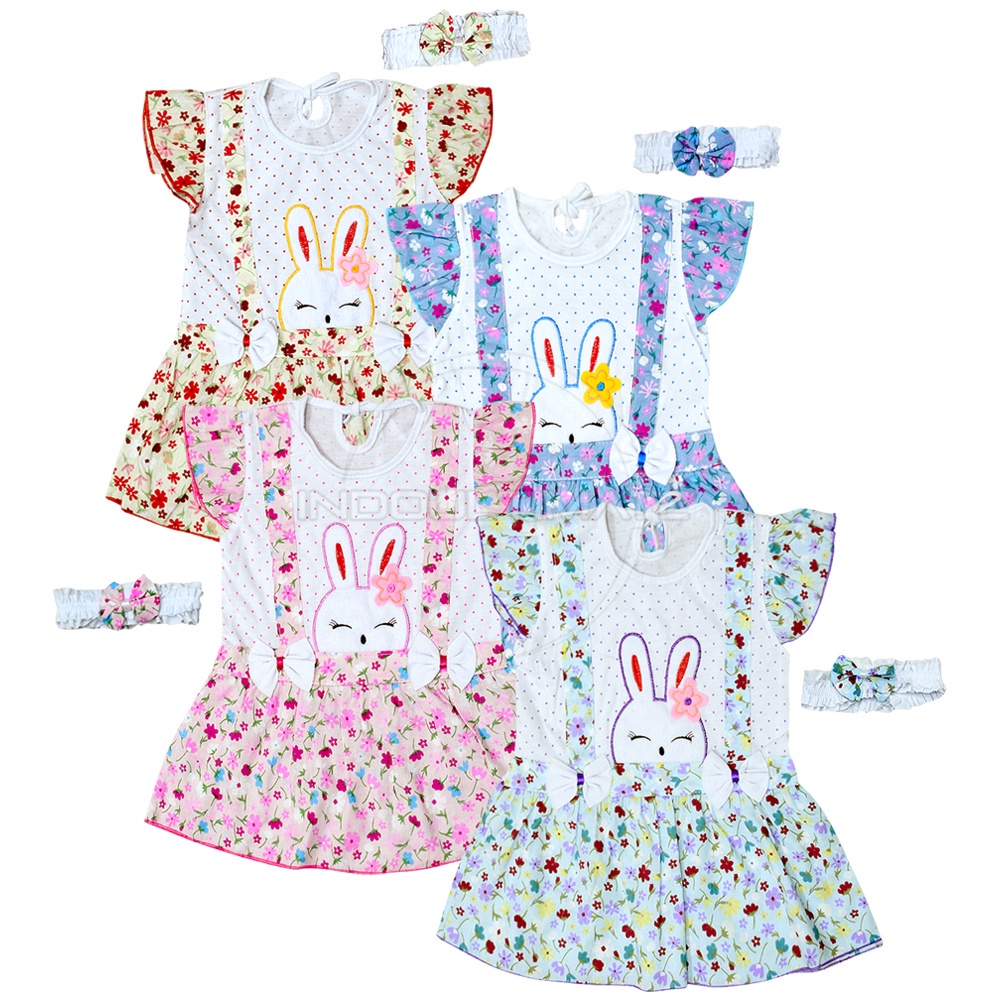 Rok Dress Bayi Perempuan + FREE Bando PLANET KIDZ TRS-123 Dress Rok Bayi Baju Rok Terusan Bayi Pakaian Bayi Perempuan Dress Bayi Pesta Motif Lucu