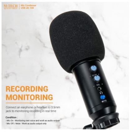 Microphone condenser m-tech wired usb with tripod mic for podcast streaming recording zoom obs uk-100 uk100