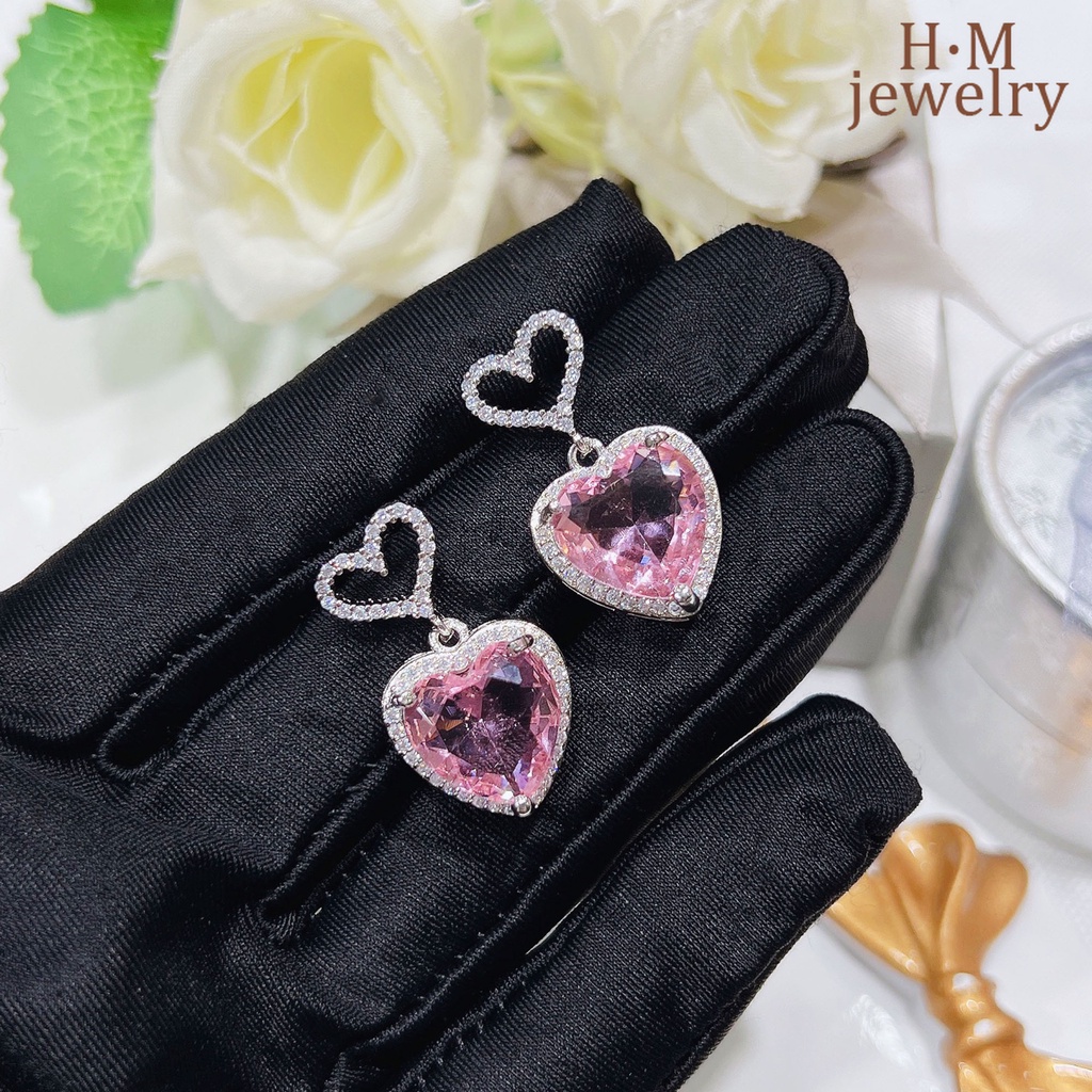 Anting Tusuk Bentuk Hati Aksen Zircon AAA Warna Pink Untuk Wanita