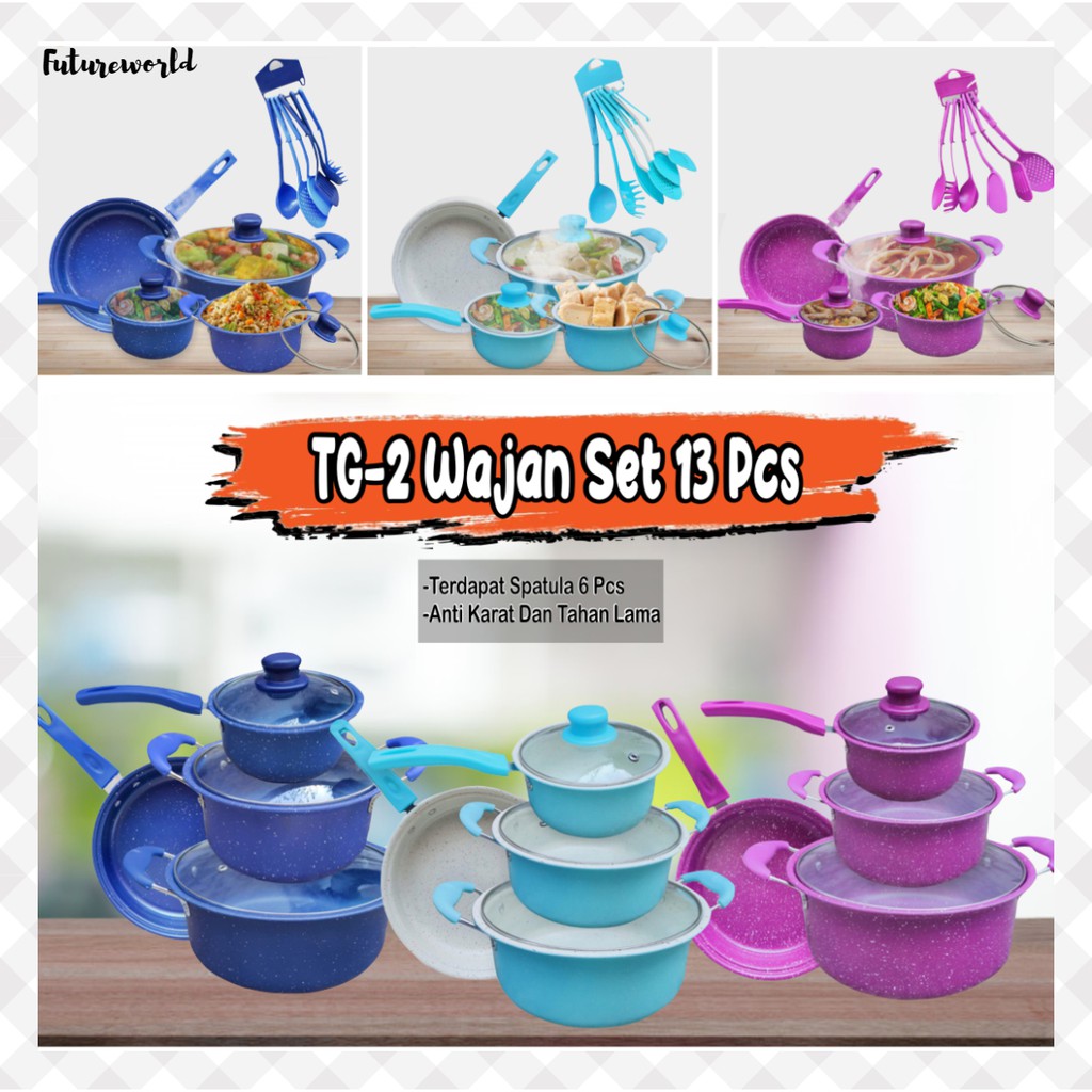 Panci Set 13 Cookware Panci Penggorengan Tutup Kaca Tg 2 Merah Biru Tosca Murah