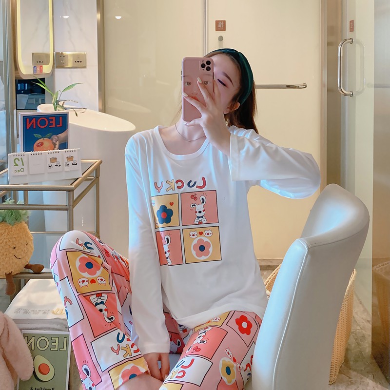 Baaju.id Set Piyama Import Baju Tidur  Lengan Panjang Celana Panjang Baju Tidur Wanita KR1002-LUCKY PUTIH