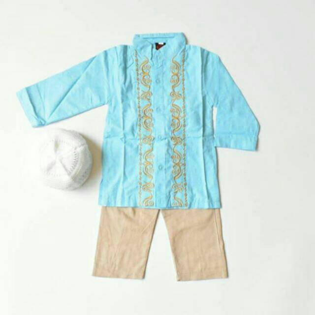 Set Koko Bordir Anak Laki Laki 72/ Set Koko Anak Lengan Panjang/ Koko Anak Laki Laki Biru