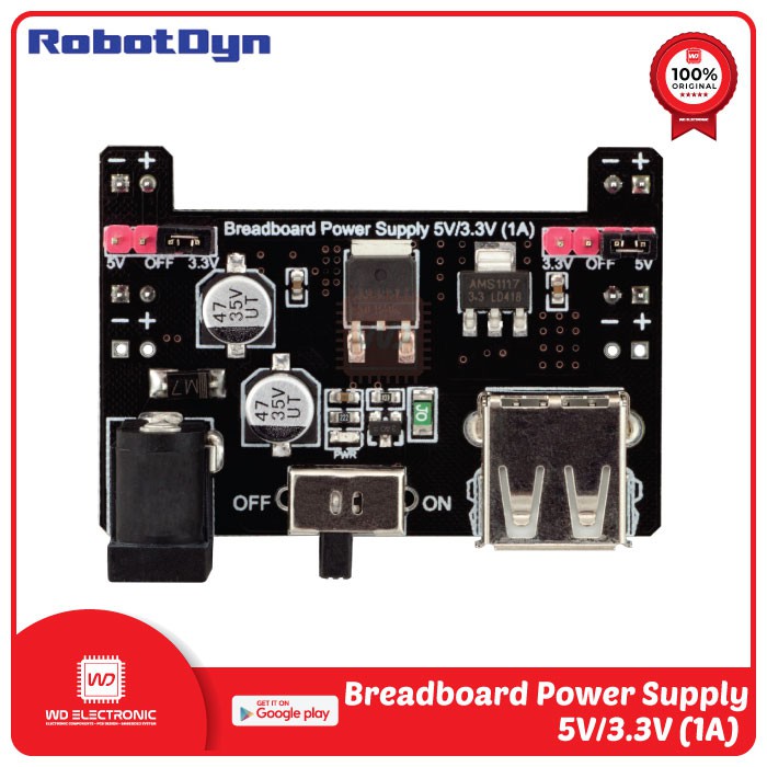 ROBOTDYN BREADBOARD POWER SUPPLY 5V 3.3V 1A MB102 BREADBOARD