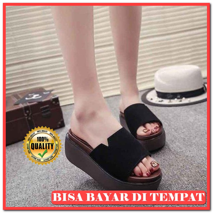 Sandal Sendal Wedges Weges Hak Tinggi Kondangan Ibu Ibu Wanita De LN357 Sandal Mr106 Hitam - Hitam