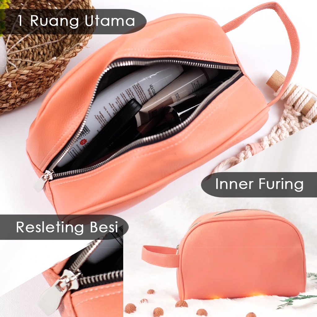 Pouch kosmetik wanita kulit sintetis grade A tempat makeup dan skincare travel organizer polos