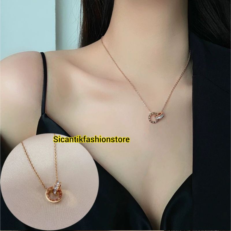 Kalung B&lt;lgri Titanium Two Rings Kristal Terlaris Anti Karat selamanya Terbaru Kekinian Mewah Fashion Wanita