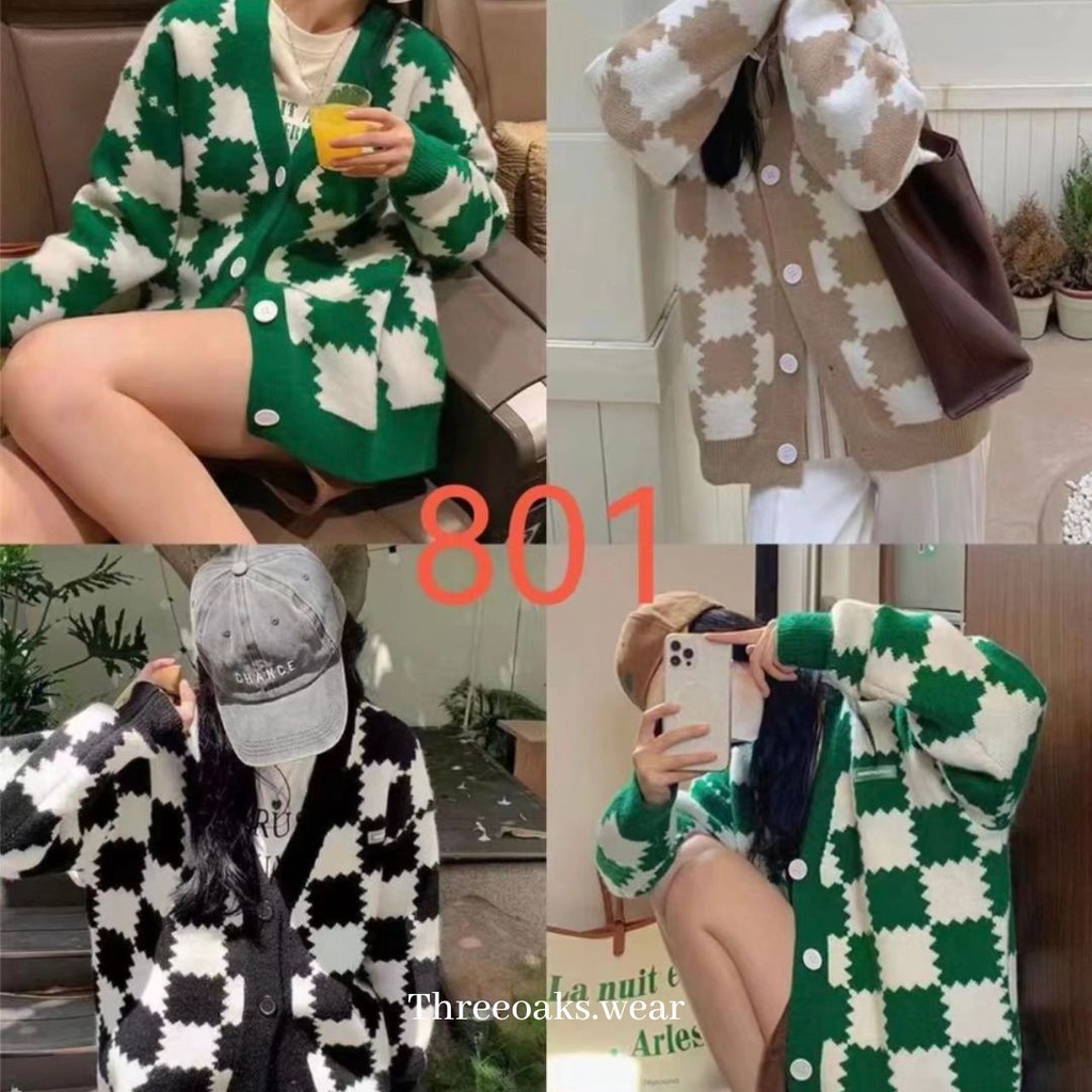 RUE WAVY CHECKERED CARDIGAN - Kardigan Premium Import Wavy Checkered Tangan Panjang Korean Style