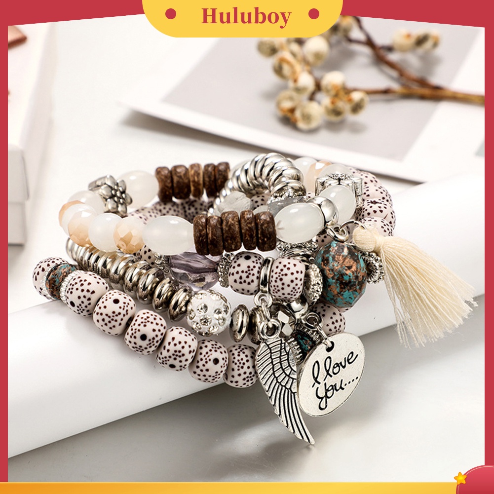 Hu Hu Hu Hu Hu Alat Bantu Pasang Kacamata♡ 4pcs / Set Liontin Manik-Manik Bunga Tulisan Aksen Rumbai Gaya Bohemian Untuk Wanita