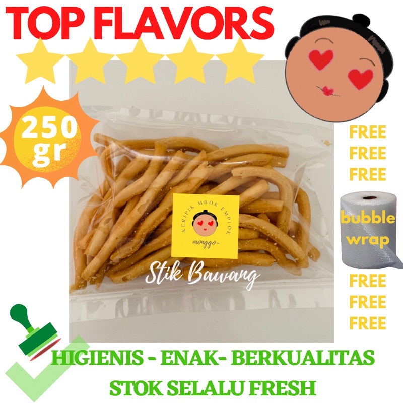 

KERIPIK STIK BAWANG ASIN GURIH RENYAH GARLIC STICK LESS OIL