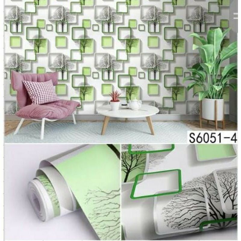 Wallpaper Sticker Dinding Motif Kotak Hijau 3D 10mx45cm