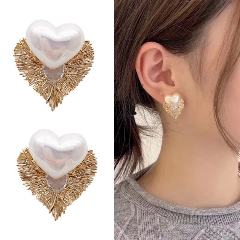 Anting 925 Silver Needle Bentuk Hati Aksen Mutiara Bahan Logam Gaya Eropa Amerika Untuk Wanita