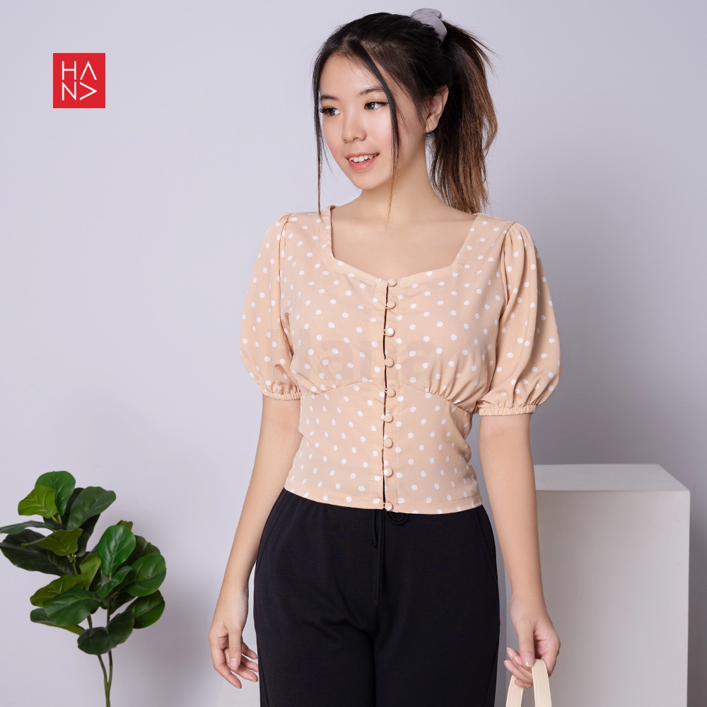 Hana Fashion - Clara Polka Puff Sleeve Blouse Atasan Wanita Gaya Korea - SB203