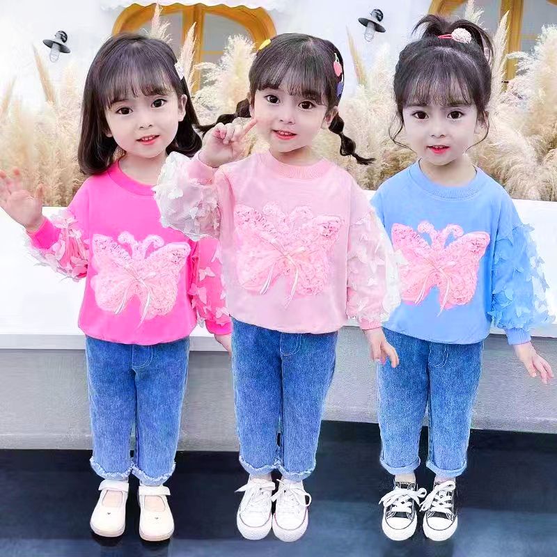 SETELAN CELANA JEANS ANAK PEREMPUAN IMPORT 1-5 TAHUN LENGAN PANJANG / SETELAN ANAK CEWEK IMPORT CELANA JEANS CUTBRAY MUTIARA + SWEATER LOVE BUNGA PITA