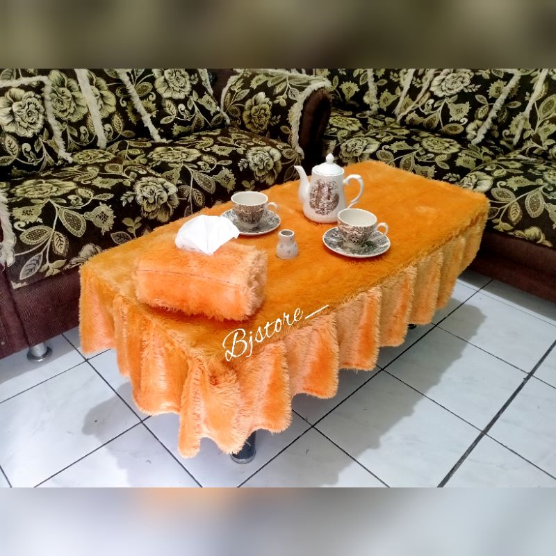 COD 1kg 3 SET Taplak Meja Rumbai/Rempel Bulu Rasfur ORANGE