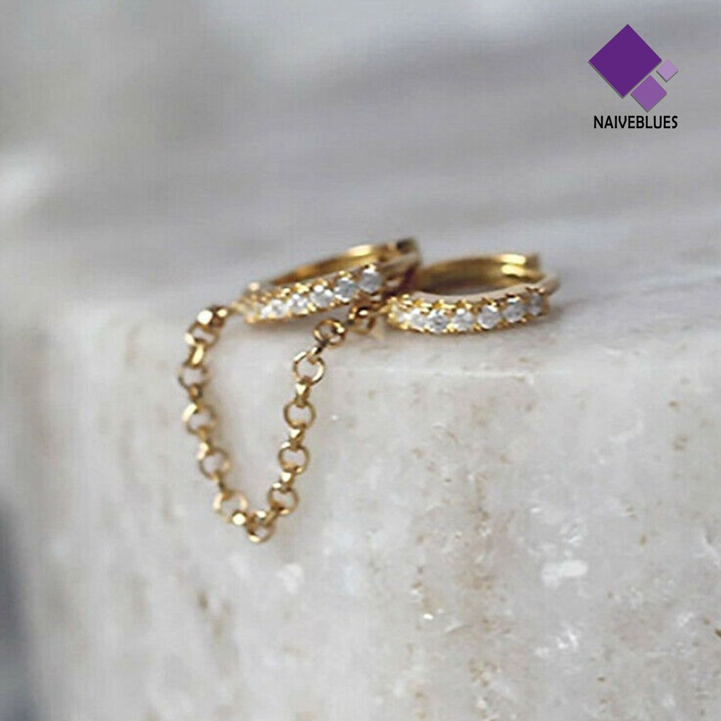 Naiveblue 1 Pasang Anting Tusuk Gantung Rantai Ganda Hias Cubic Zirconia Untuk Wanita
