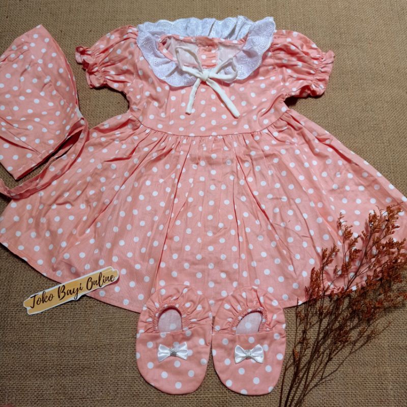 Dress bayi 0 6 12 bulan set sepatu bandana / bonnet Setelan Baju bayi Perempuan 100% Katun SNI Pakaian anak Cewek-0-6bl polkadot peach