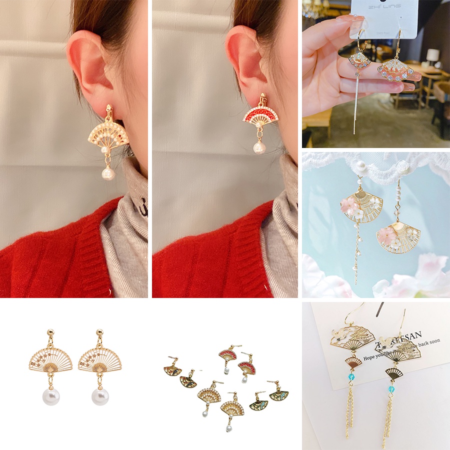 Anting Tusuk Gantung Panjang Wanita Desain Kipas Hollow Hias Mutiara + Berlian Imitasi