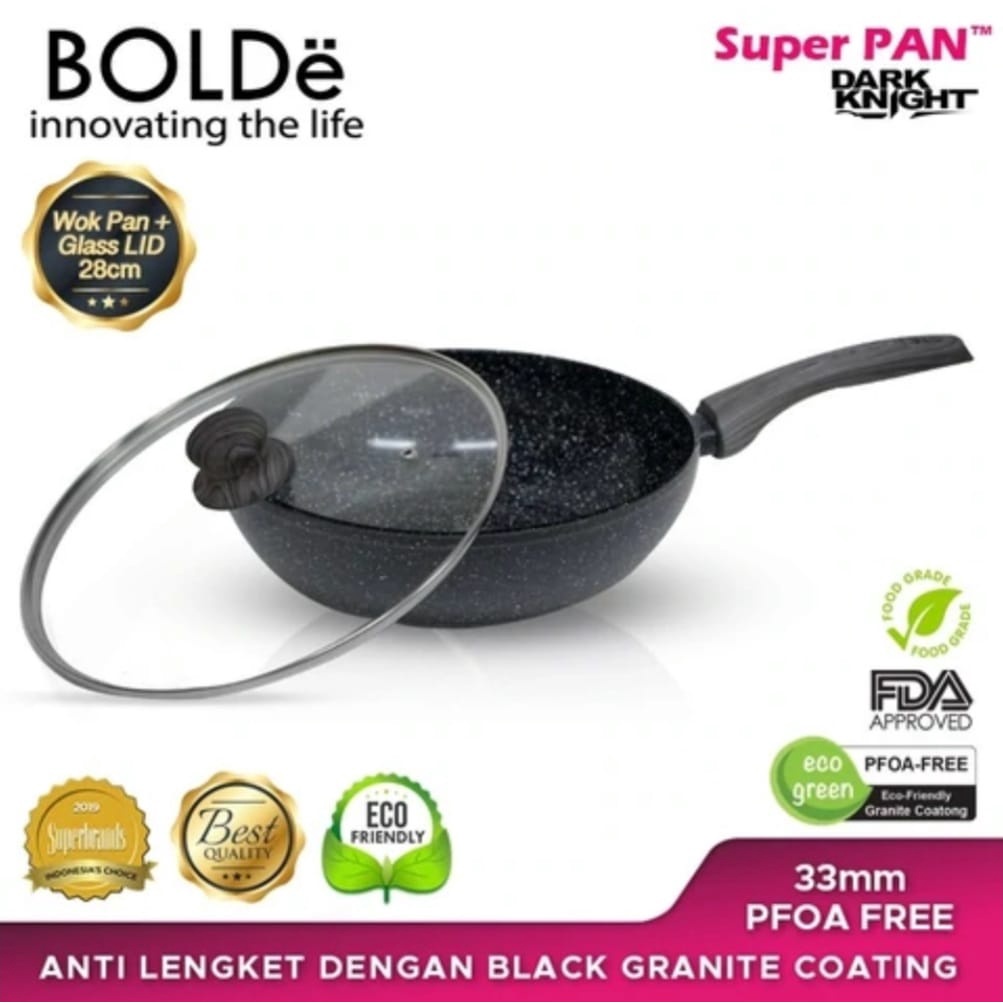 Bolde Wok Pan Dark Knight 28cm + Glass Lid Panci Tutup Kaca Induksi Wajan Tutup Kaca Fry Pan Bolde