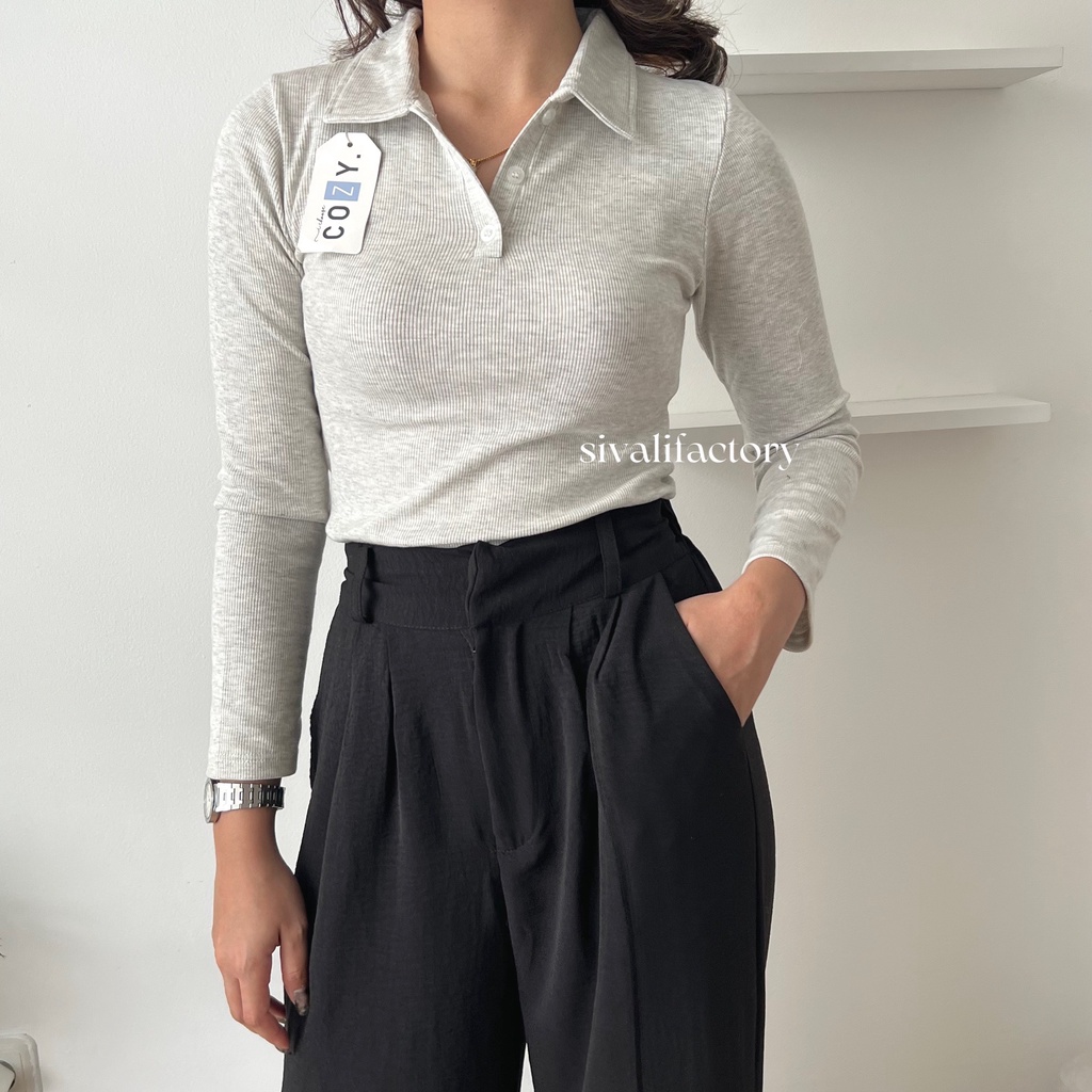 SIVALI INDY Polo Knit Top Longsleeve Shirt Lengan Panjang Atasan Rajut Fit Body