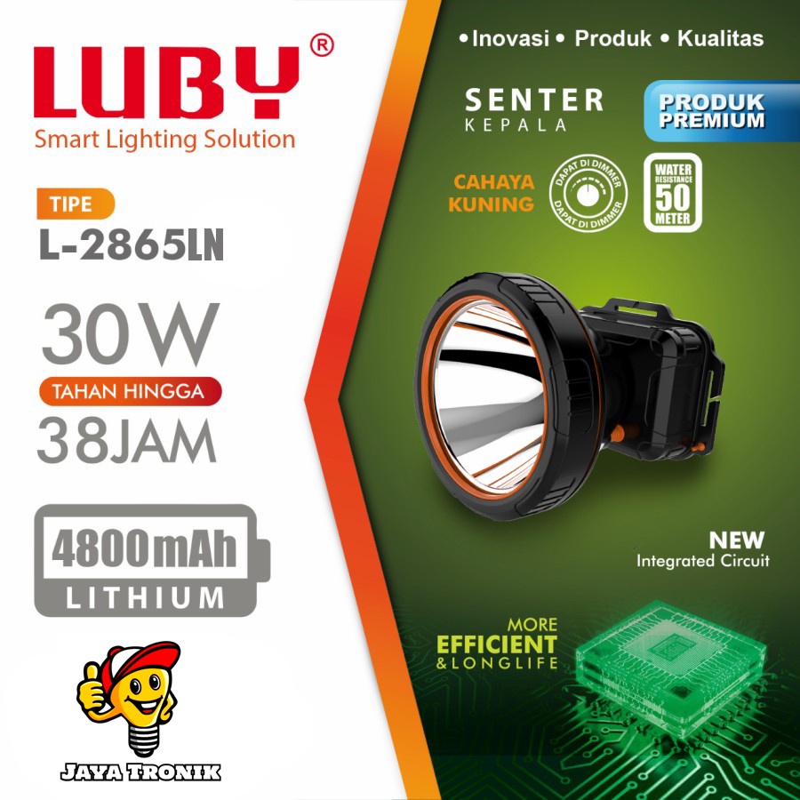 Senter Kepala LED 30 Watt Luby L-2865LN Cahaya Putih Waterproof Super Terang Tahan Lama 38 Jam Jarak Jauh Hingga 1000M Original