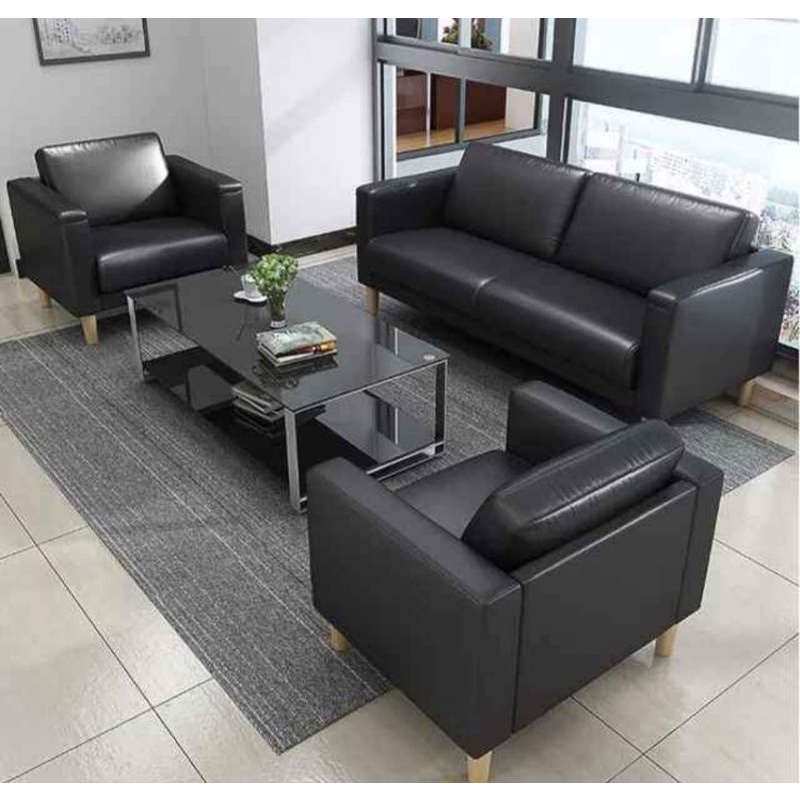 Sofa Hitam Full Kulit Sofa Kantor Sofa Ruang Tamu Minimalis Realpict Kualitas Premium