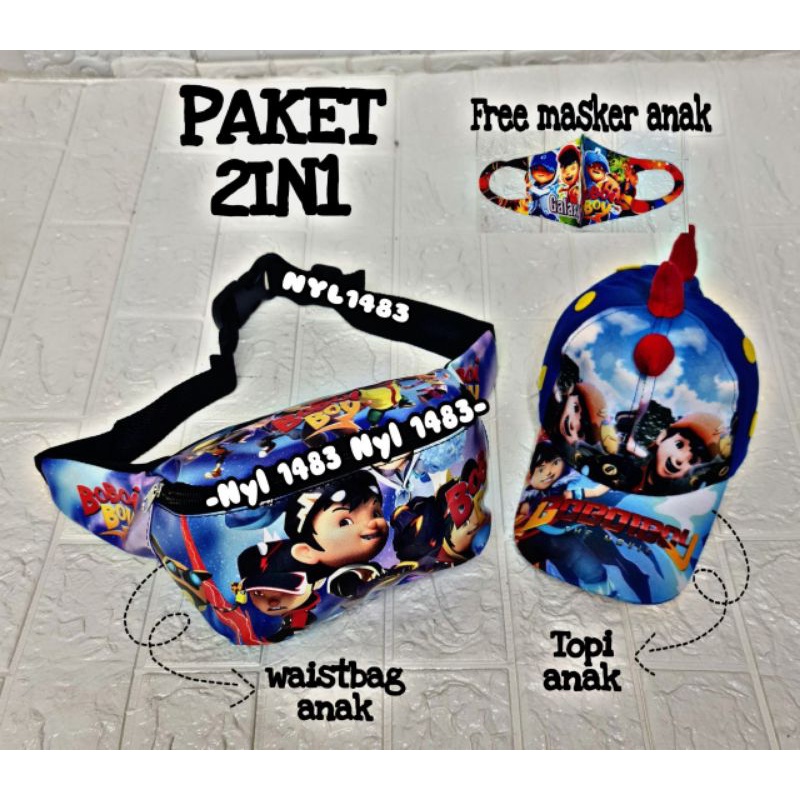 {COD} Paket 2 in 1 Tas Waistbag BoBoiBoy Anak / Free Topi Boboiboy Usia 2-10th