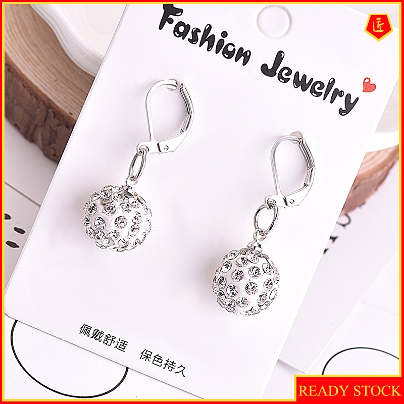 [Ready Stock]Spherical Diamond-Embedded Crystal Earrings Silver Simple