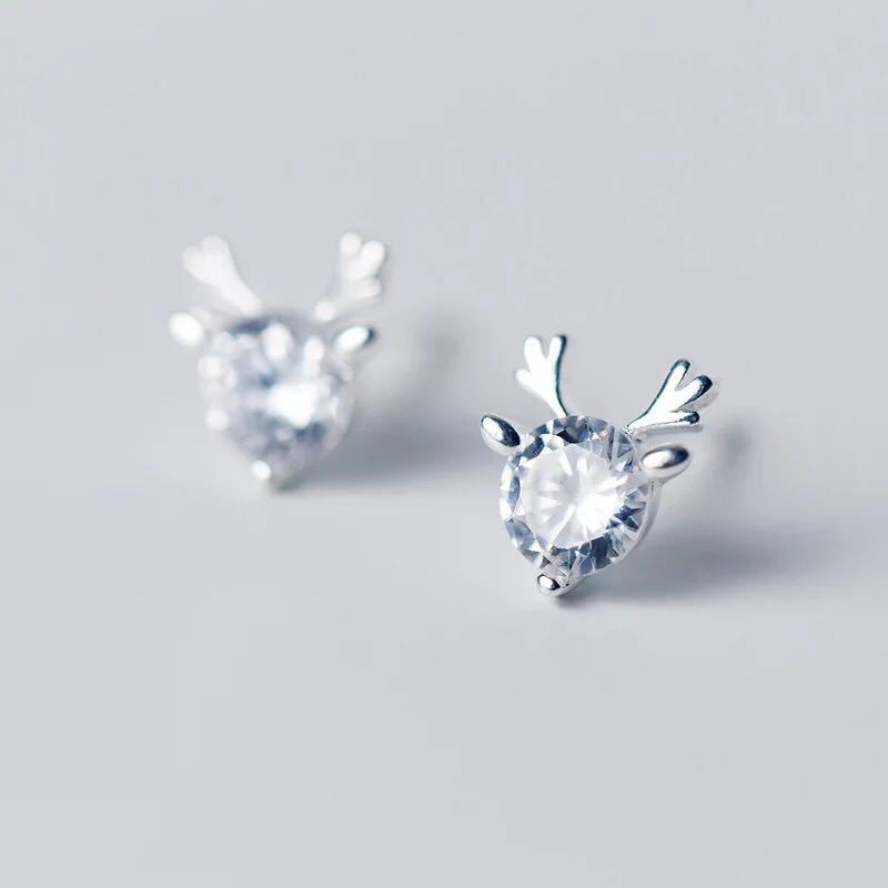 Anting Stud Desain Rusa Natal Aksen Kristal Untuk Wanita