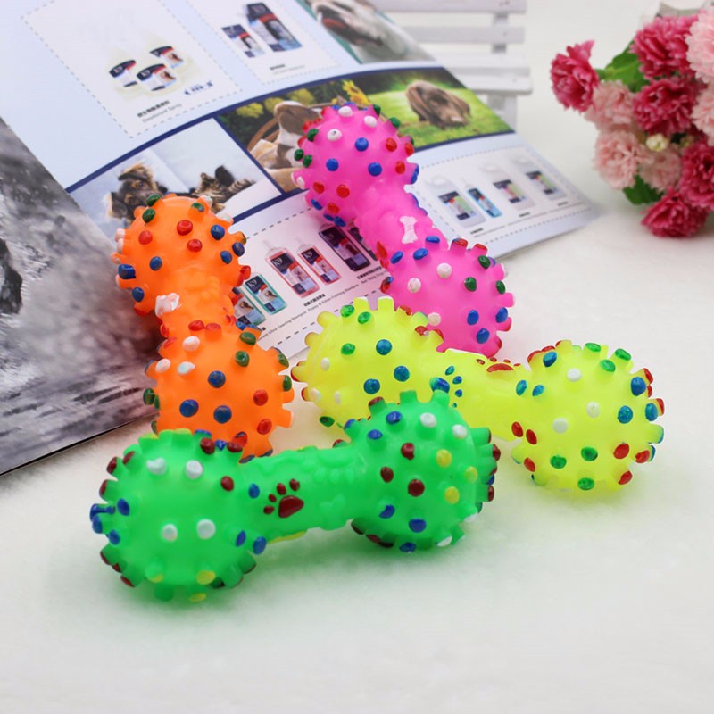 1pc Mainan Kunyah Bentuk Dumbbell Motif Polkadot Bahan Karet Dengan Suara Mencicit Untuk Anjing / Kucing