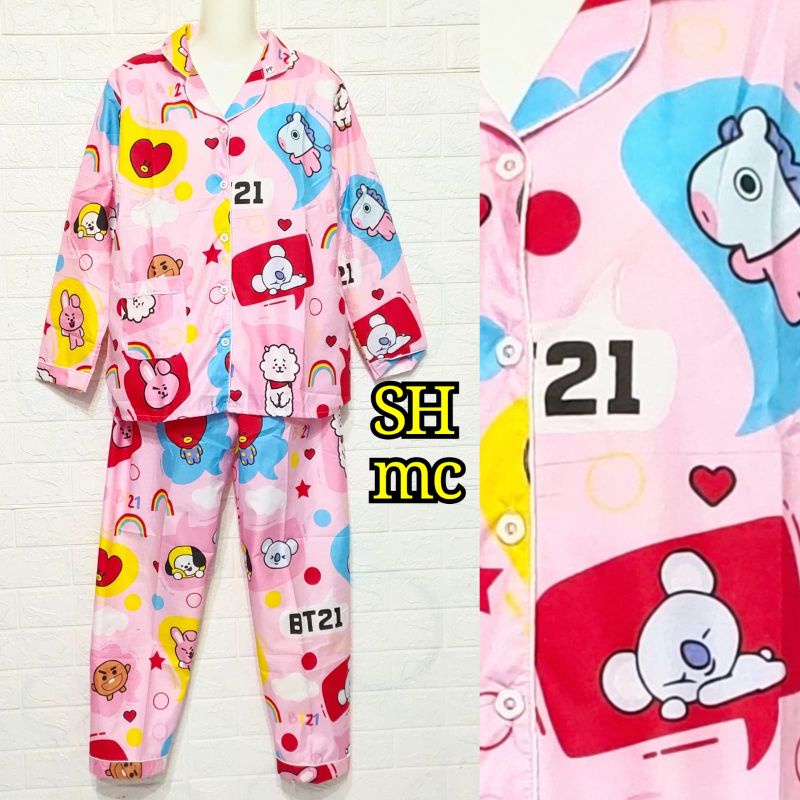 Baju Tidur Piyama Wanita Motif BTS 21 Pajamas Katun  / Baju Tidur setelan Wanita Embos PP CP 3/4 Daster JUmbo 3 In 1 Terbaru Bigsize Kekiniaan