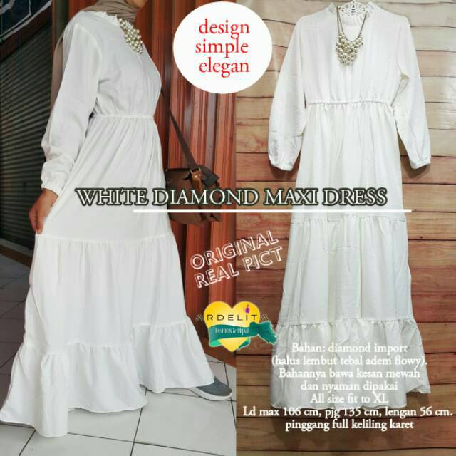 WHITE DIAMOND MAXI DRESS/GAMIS PUTIH HIGH QUALITY/HIJAB OOTD/SELEGRAM OUTFIT/GAMIS PUTIH POLOS