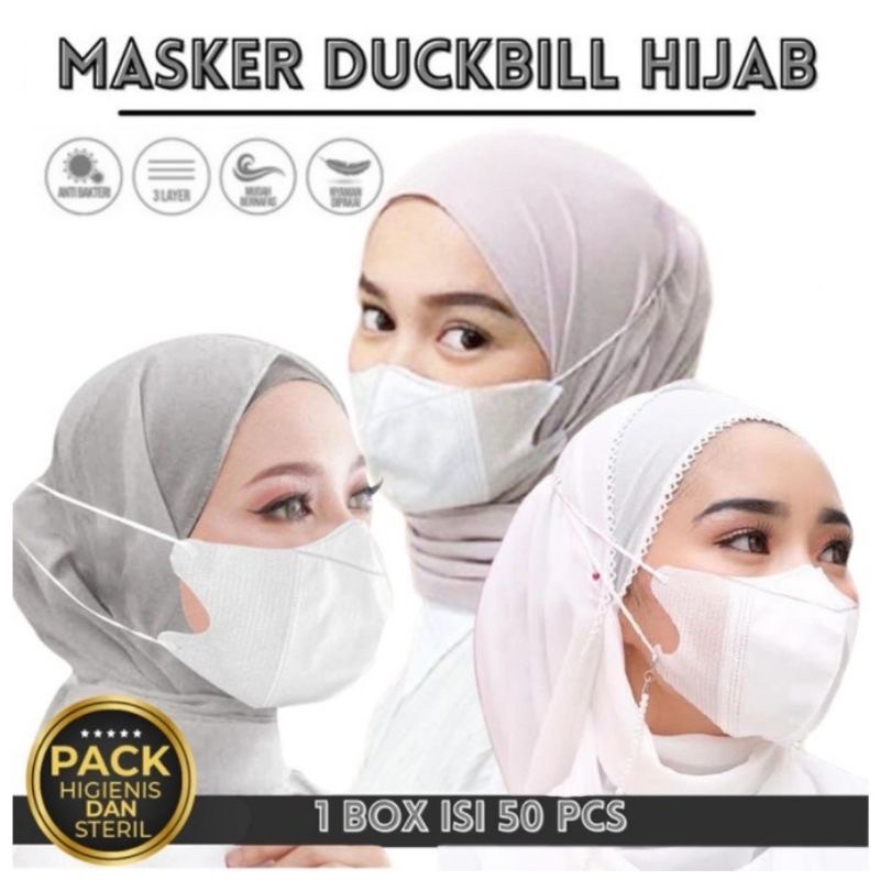 Masker Duckbill Hijab per Box isi 50 Warna Putih Hitam Abu Warna Warni Berkualitas
